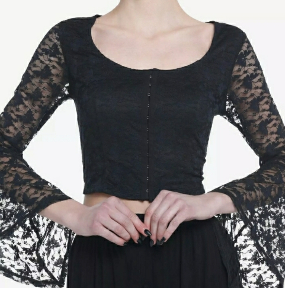 Cosmic Aura Black Lace Butterfly Trumpet Sleeve Crop Top Scoop-neck Hook Front L
